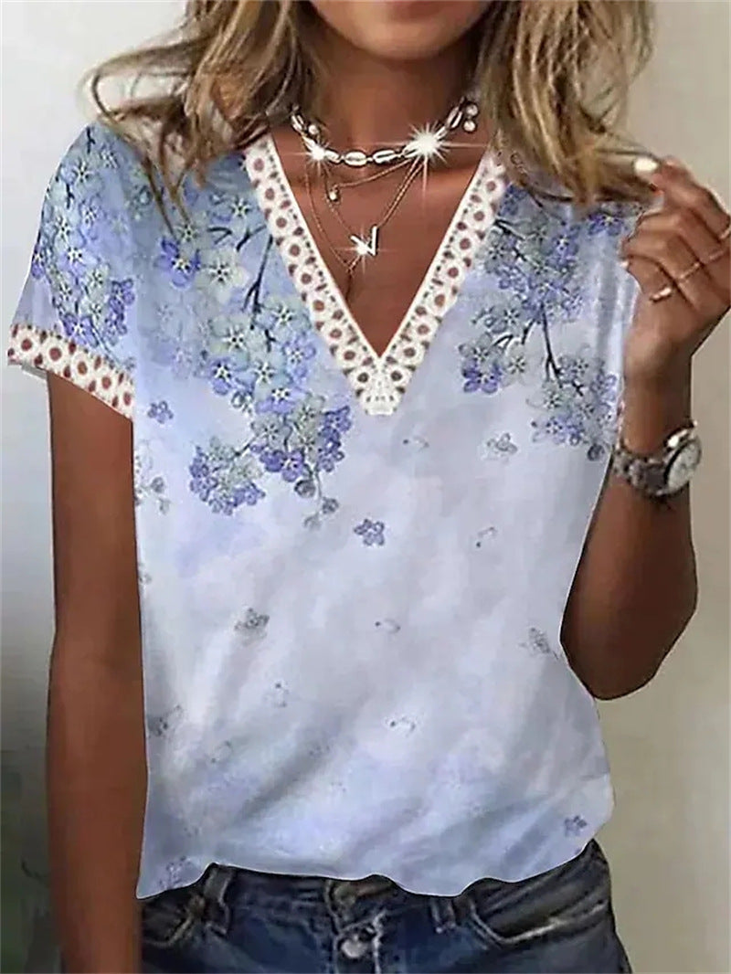 Blusa informal de verano para mujer, con escote en V, encaje, plumas, estampado floral, manga corta