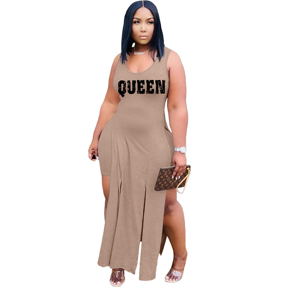 Conjunto de dos piezas básico informal sin mangas con estampado de letras Queen y dobladillo irregular para mujer y pantalones cortos de color liso