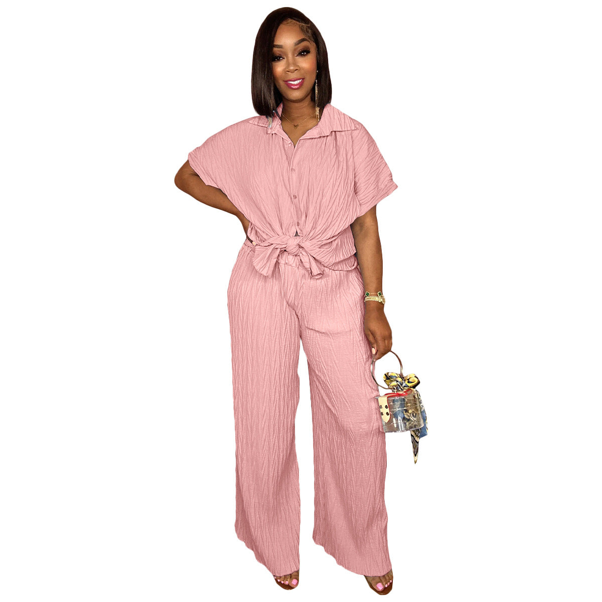 Women Spring And Summer Tree Pattern Embossed Cloth Short-Sleeved Shirt Casual Wide-Leg Pants Set