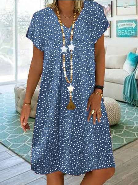 Women Fashion Casual V-Neck Dot Heart Print Dress