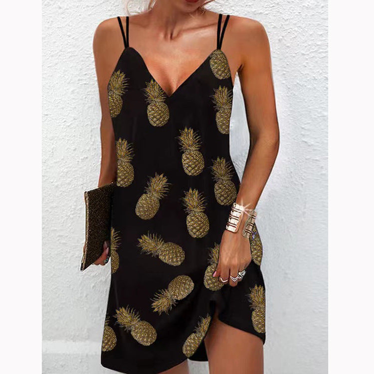 Vestido mini con tirantes y estampado de cuello en V informal de verano para mujer