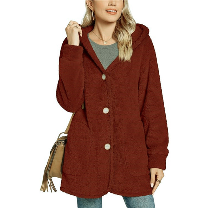 Cárdigan informal con capucha y bolsillos abotonados de felpa para mujer de invierno