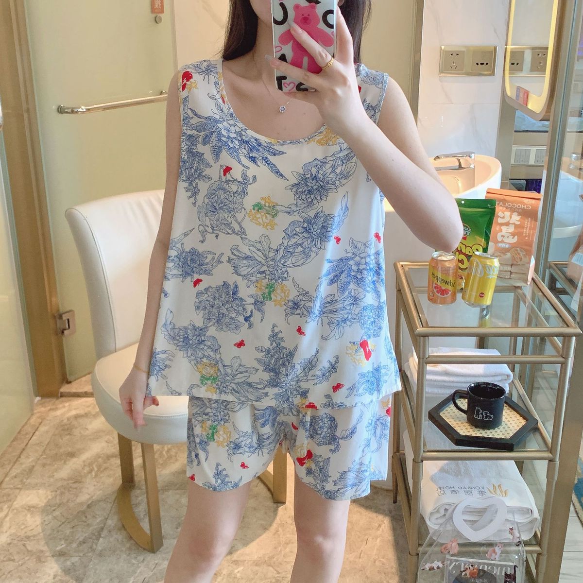 Conjunto de pijama de dos piezas de algodón y seda con camiseta sin mangas estampada informal para mujer