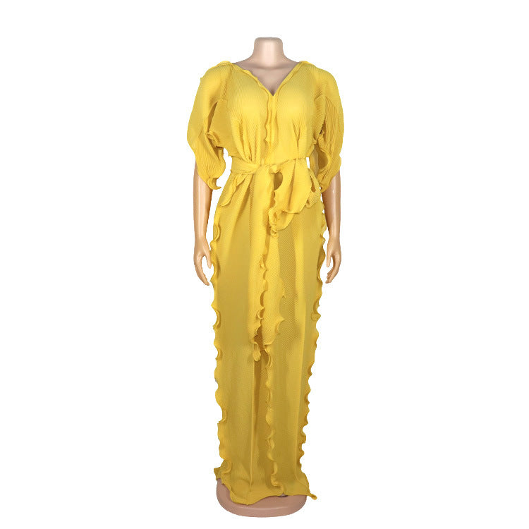 African Women Casual V-Neck Ruffled Solid Color Chiffon Loose Elegant Maxi Dress