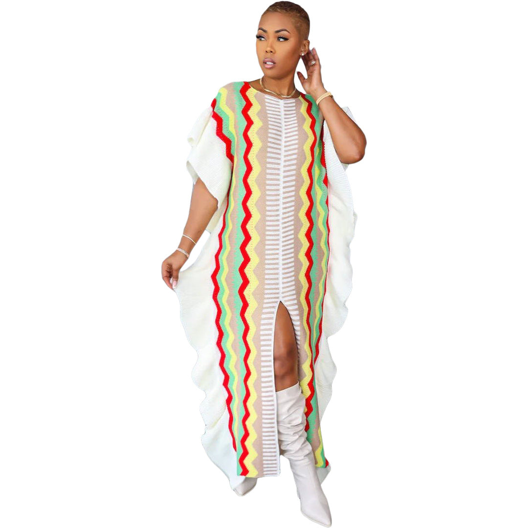 Women Casual Ruffled Knit Stripe Split Maxi Dress