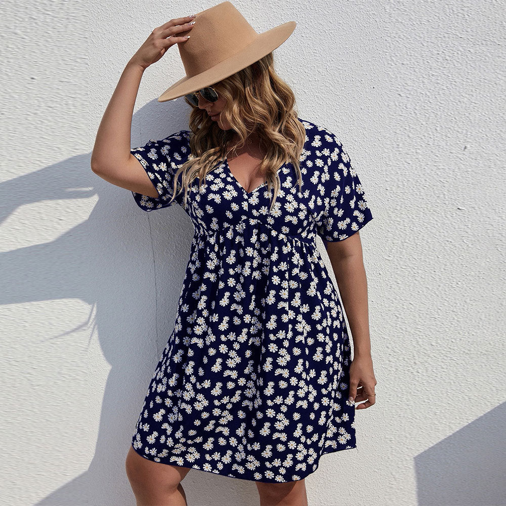 Vestido informal de manga corta con cuello en V y estampado floral para mujer, talla grande