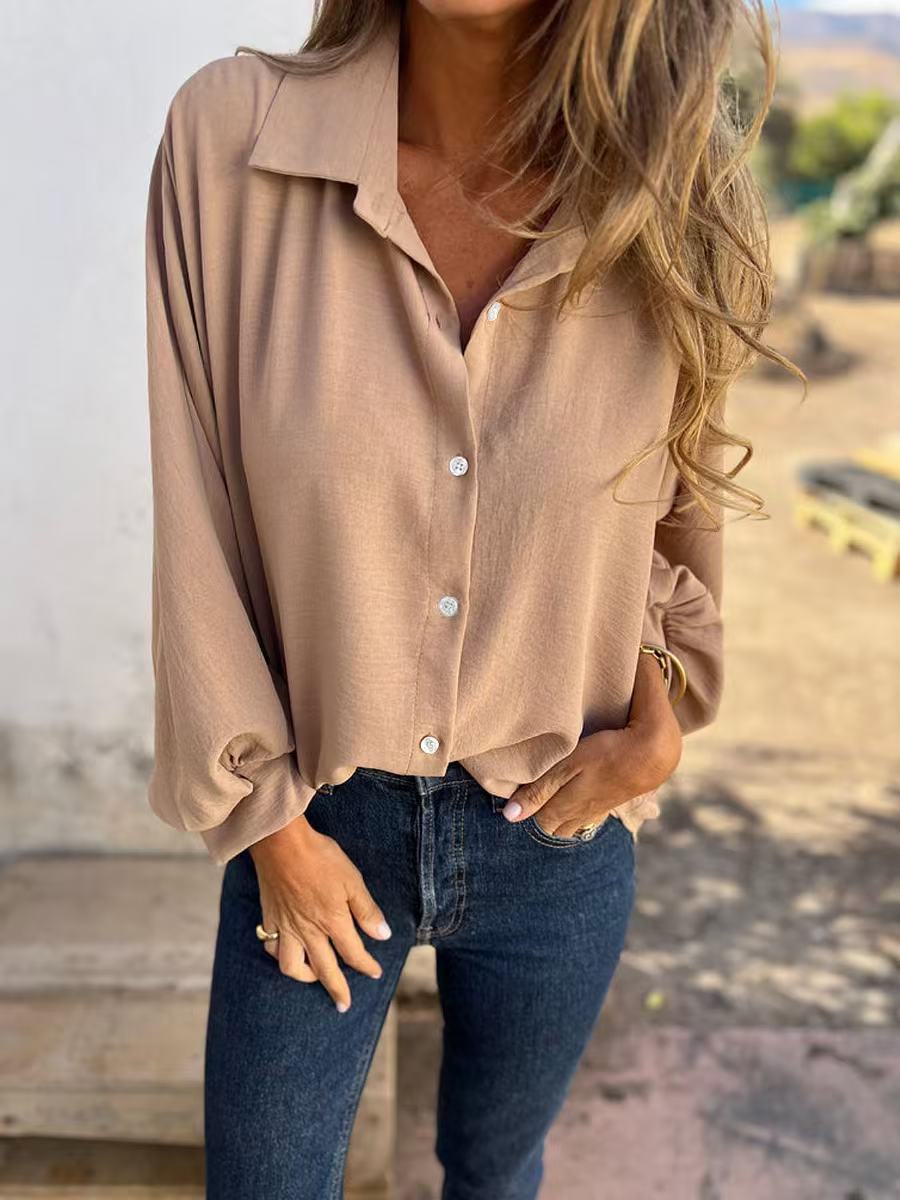 Blusa informal de manga larga con solapa y botonadura sencilla de color liso para mujer
