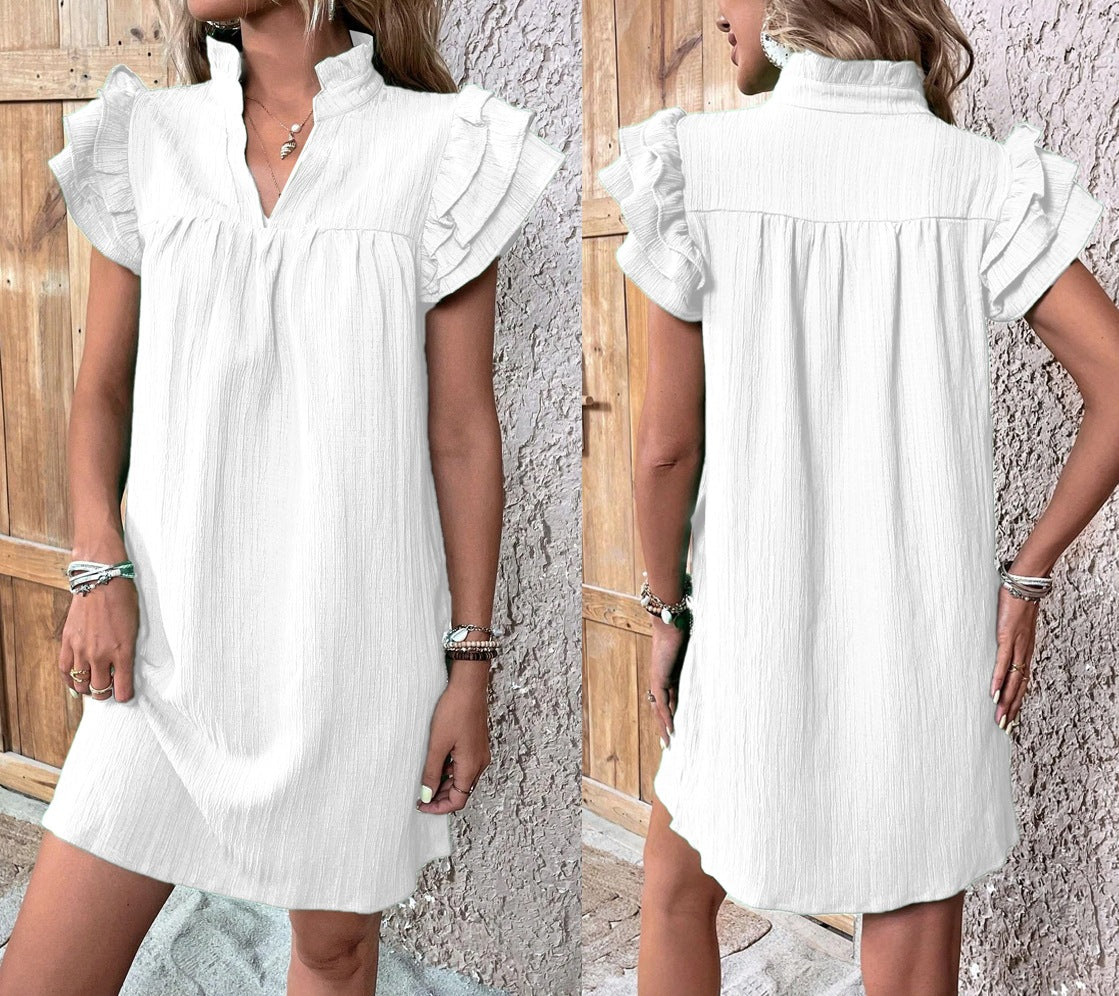 Women Fashion Casual Solid Color Multi-Layer Lotus Leaf Sleeve V-Neck Dress