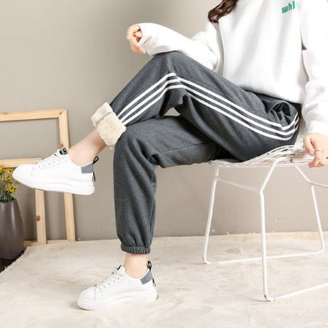 Women Casual Winter Fleece-Lined Sports Striped Pants