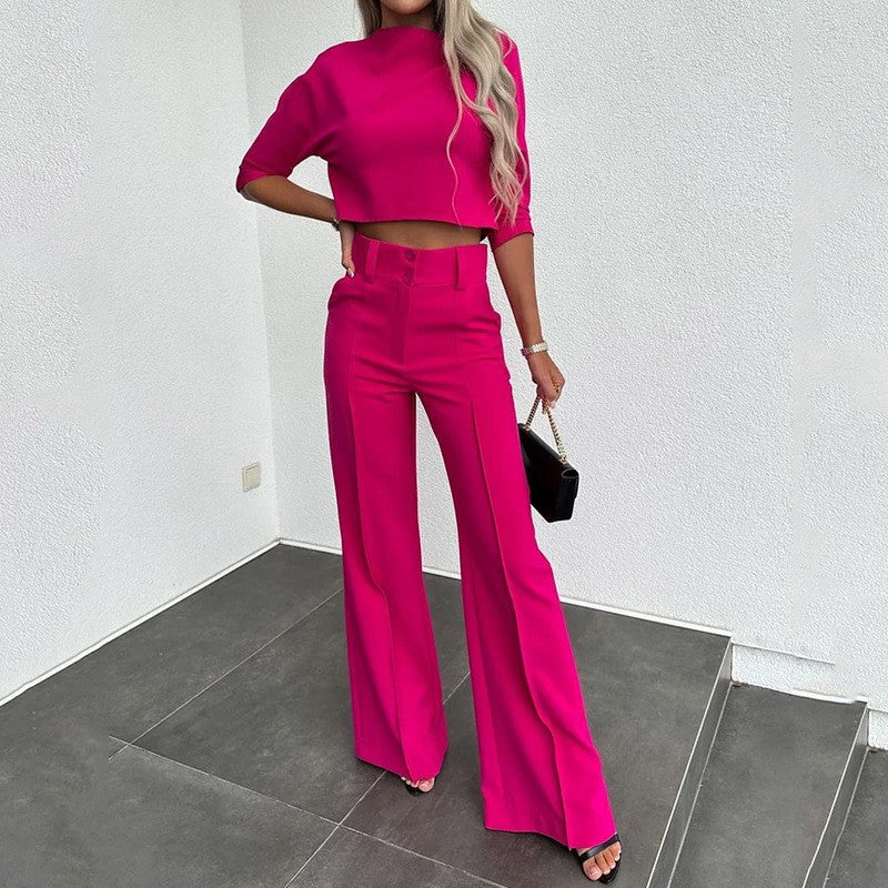 Conjunto de dos piezas formado por camiseta y pantalón ancho, manga larga, cuello redondo, color liso, informal, para mujer
