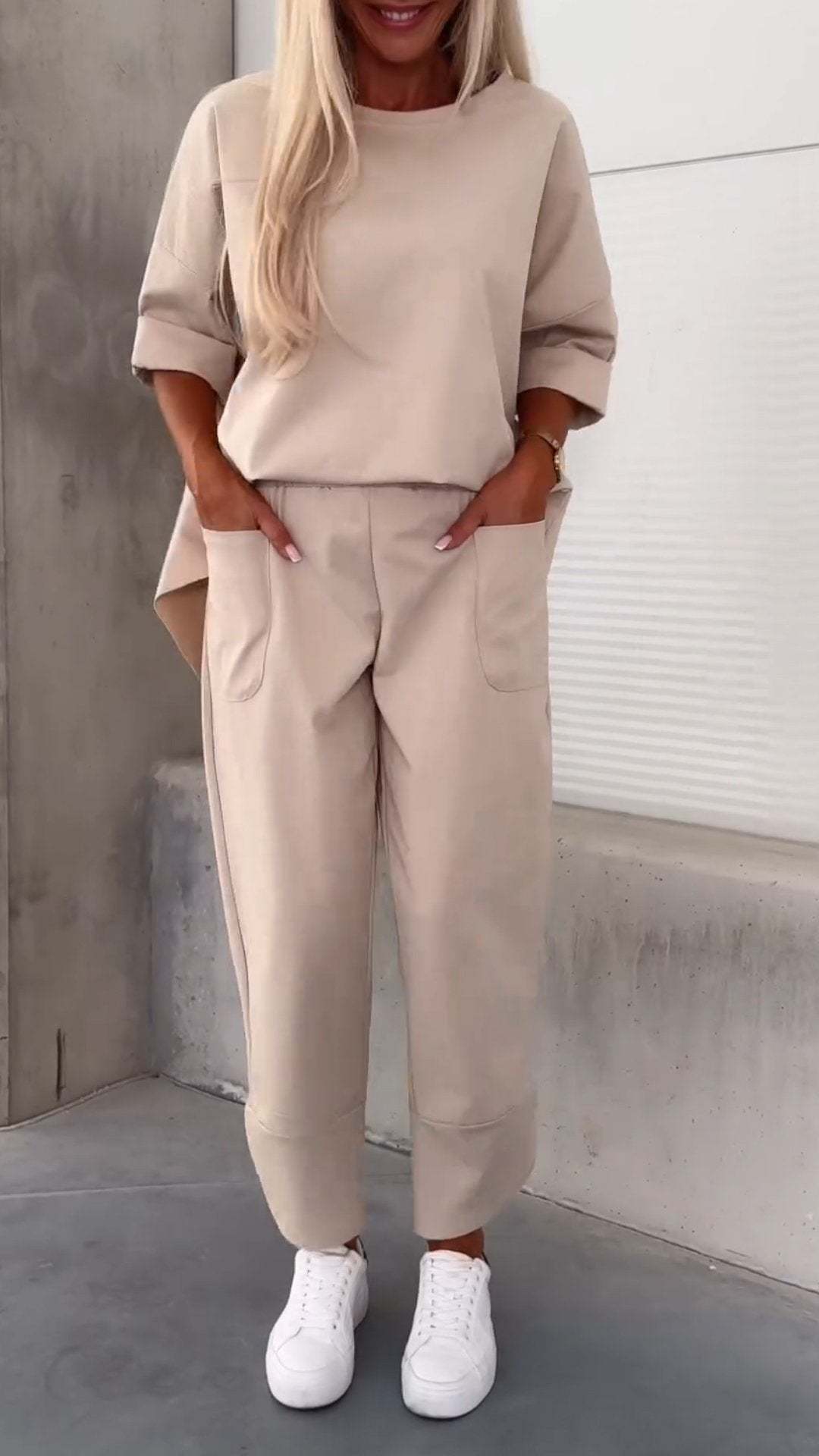 Autumn Winter Women Casual Solid Color Round Neck Long Sleeve Top Pocket Pants Two-Piece Set