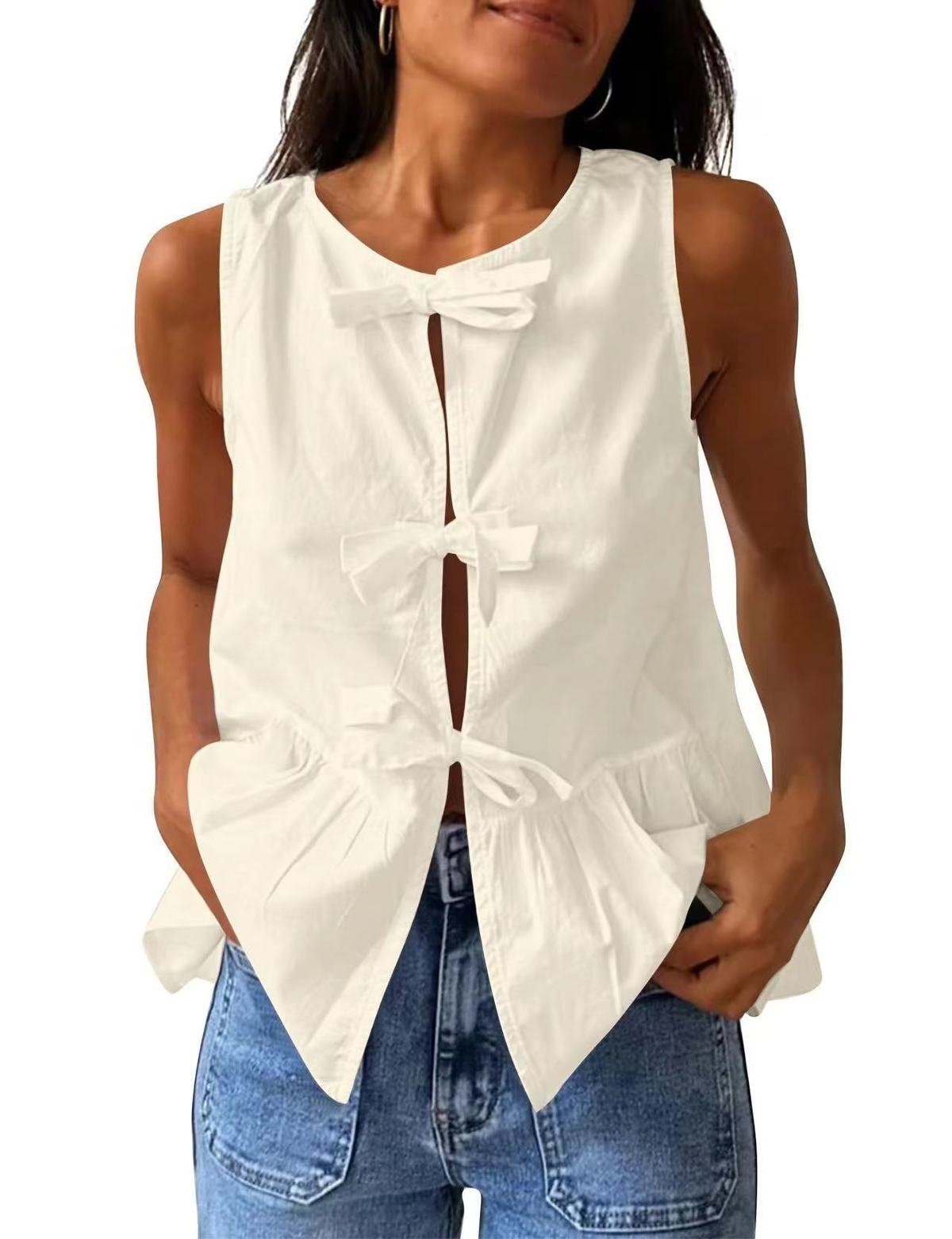 Women Casual Solid Color Cotton Bowknot Lace-Up Tank Top