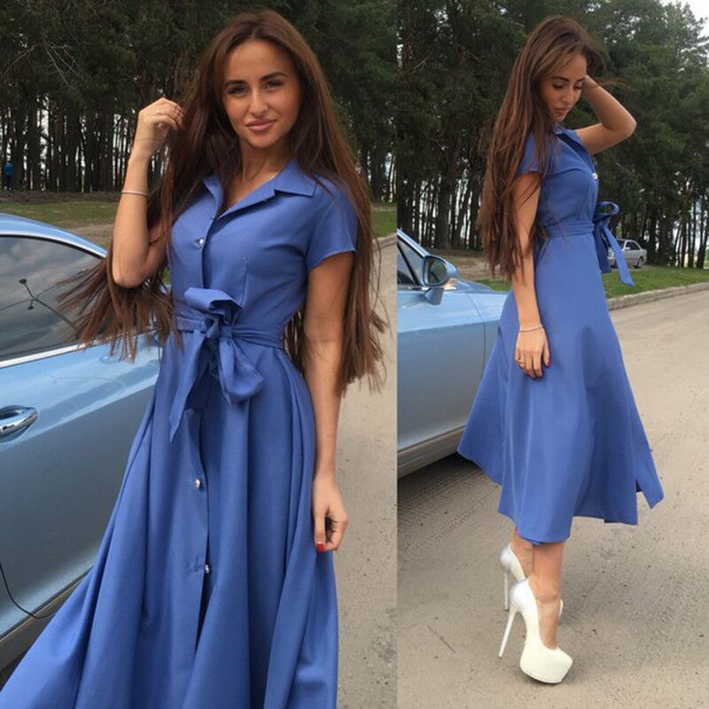 Women Casual Elegant Solid Color Short Sleeve Lapel Buttoned Midi Dress