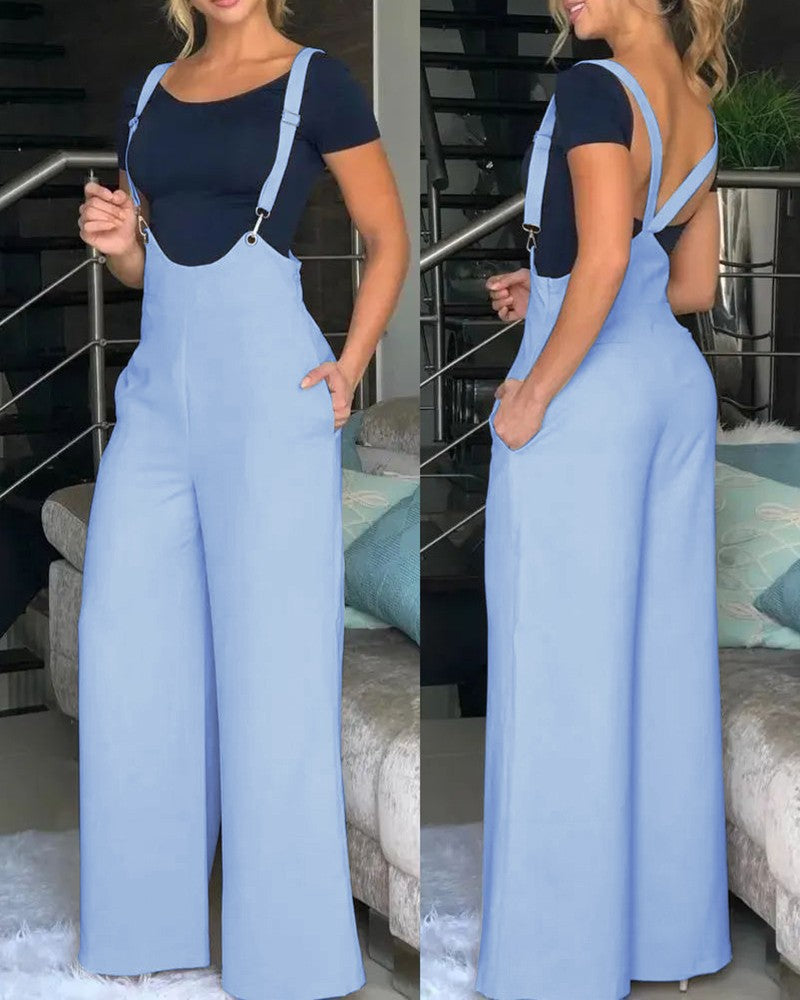 Women Fashion Casual Solid Color Loose Strap Pants