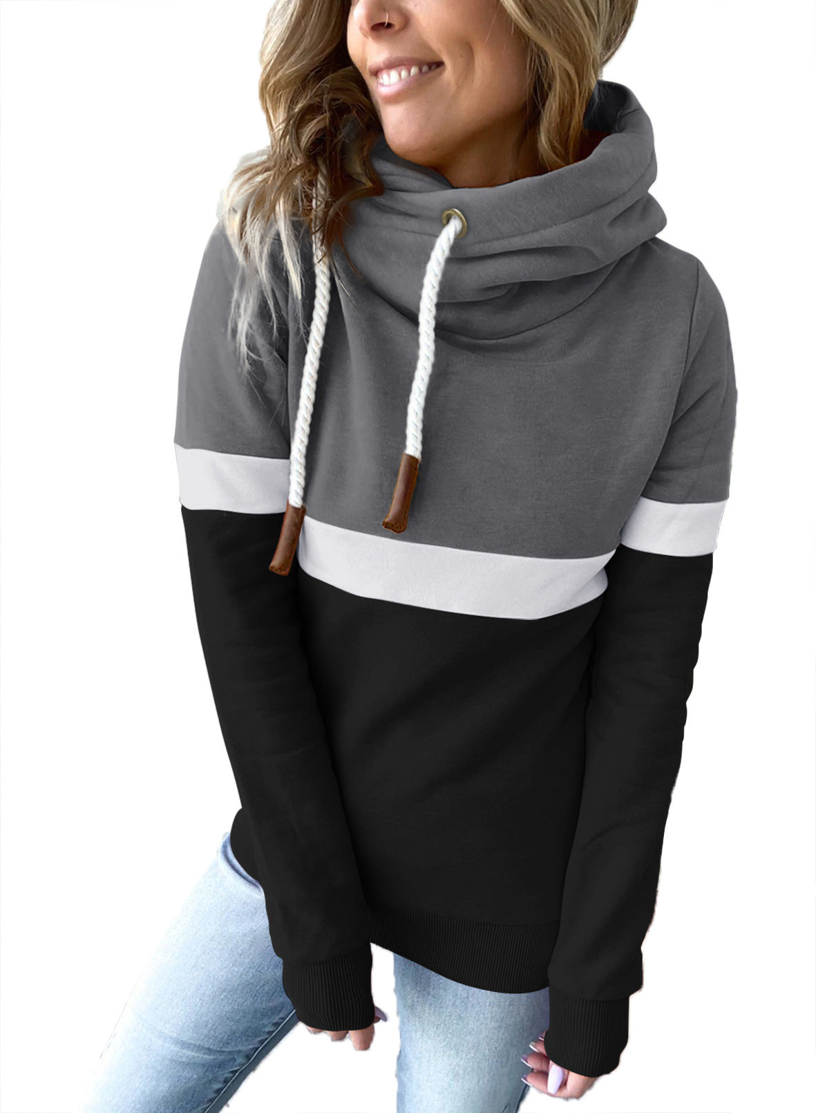 Sudadera con capucha informal de manga larga con contraste de color para mujer, otoño e invierno