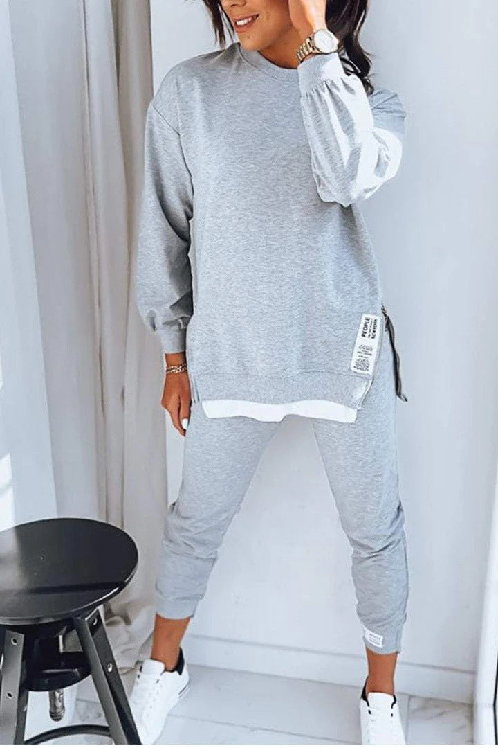 Conjunto de dos piezas formado por top y pantalón de manga larga, cuello redondo, color liso, informal, a la moda para mujer