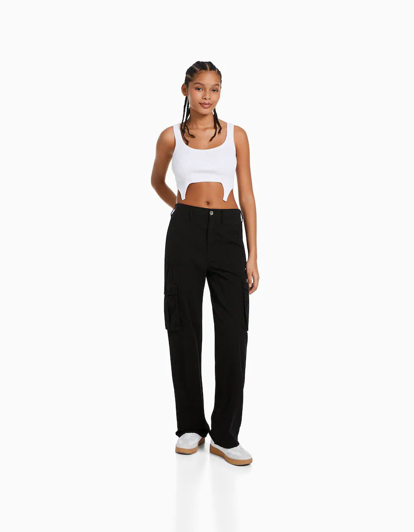 Women Fashion Casual Solid Color High Waist Pockets Cargo Pants