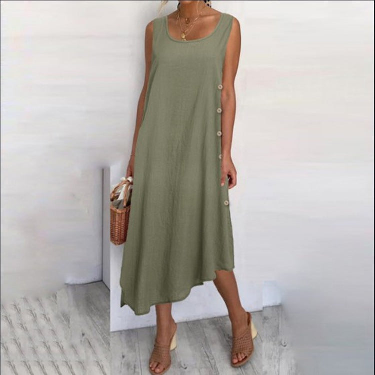 Summer Women Fashion Casual Cotton Linen Button Irregular Swing Maxi Dress