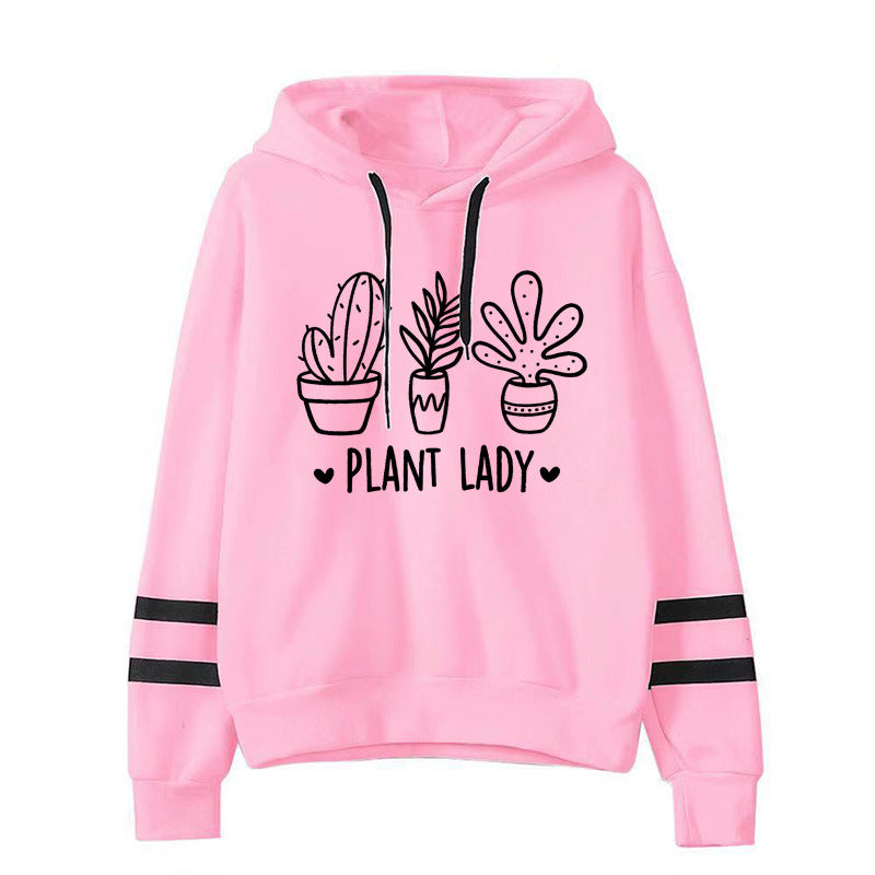 Sudadera con capucha holgada informal con estampado de cactus y barras paralelas para mujer