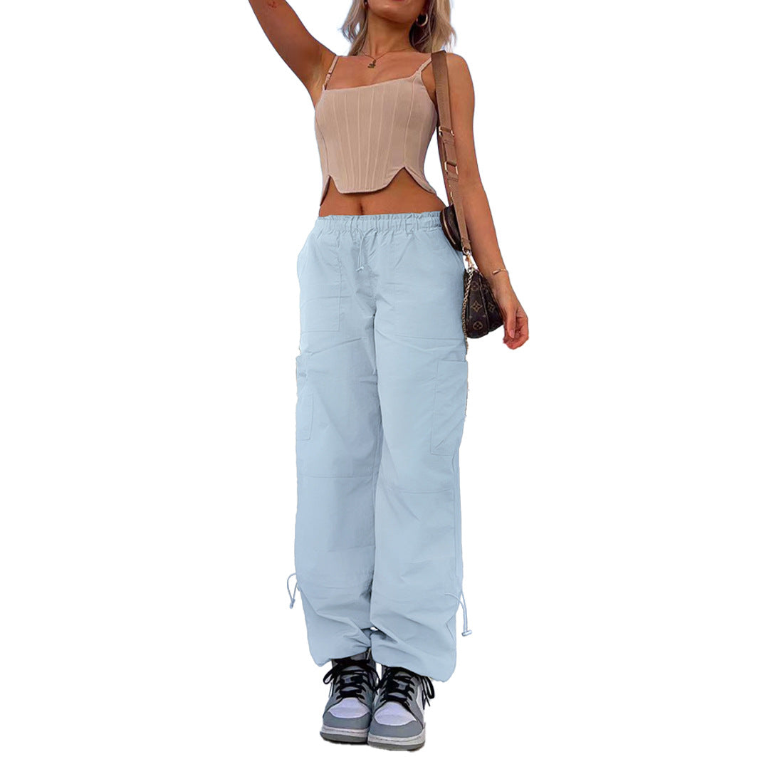 Pantalones rectos holgados con múltiples bolsillos, informales, de color liso, de moda urbana para mujer