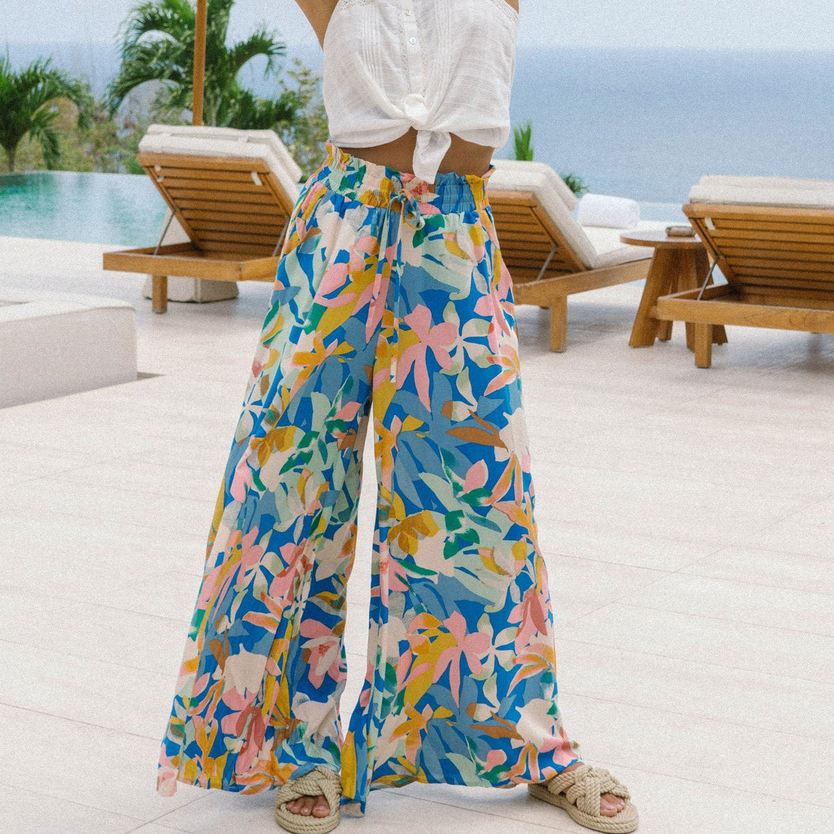 Women Casual Boho Floral Printed Wide Leg Loose Pants