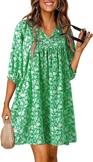 Vestido bohemio informal con estampado floral y cuello en V y mangas farol para mujer