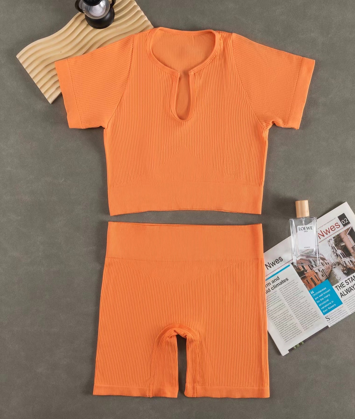 Women Fashion Casual Solid Color Sports Yoga Short Sleeve Top Shorts Set