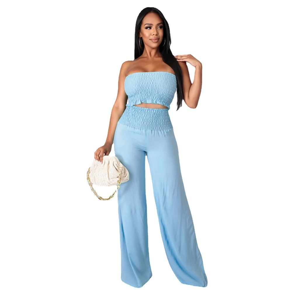 Conjunto de dos piezas para mujer, informal, elegante, de color liso, con top de tubo y pantalones holgados