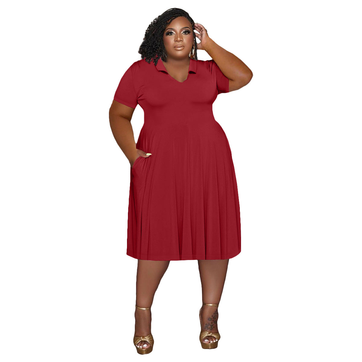 Vestido sencillo informal de color liso con solapa para mujer, talla grande