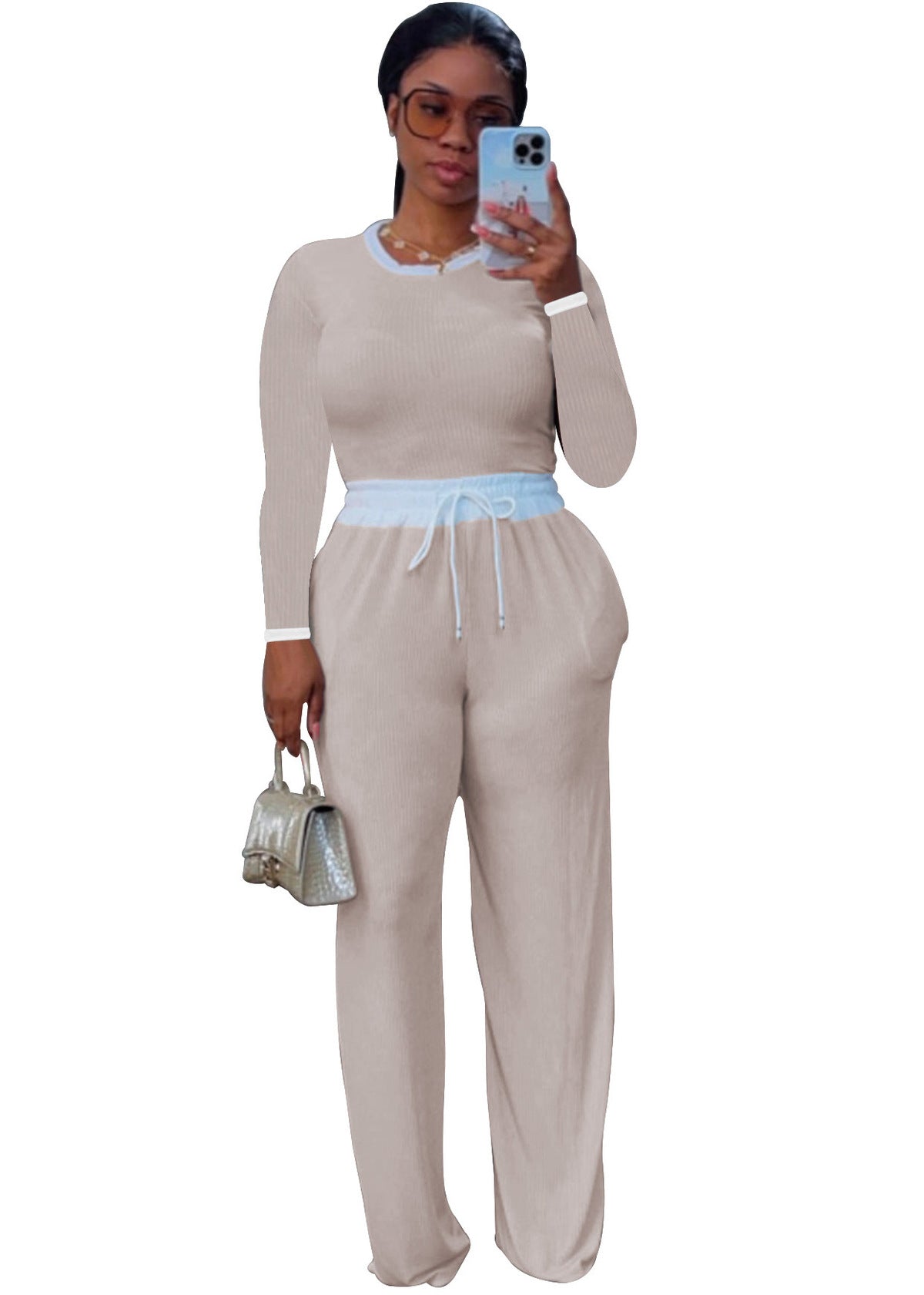Conjunto de dos piezas informal de mujer para uso diario, con cuello redondo, manga larga y pantalón de punto acanalado en contraste de color