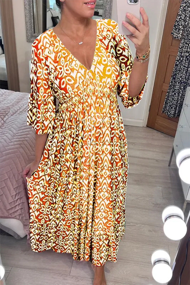 Women Fashion Casual V-Neck Tiny Flower Print Maxi Dress