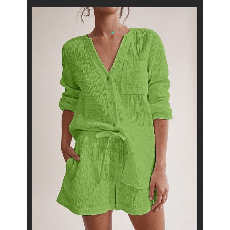 Conjunto de pijama informal de algodón de doble gasa de color liso y manga larga para mujer