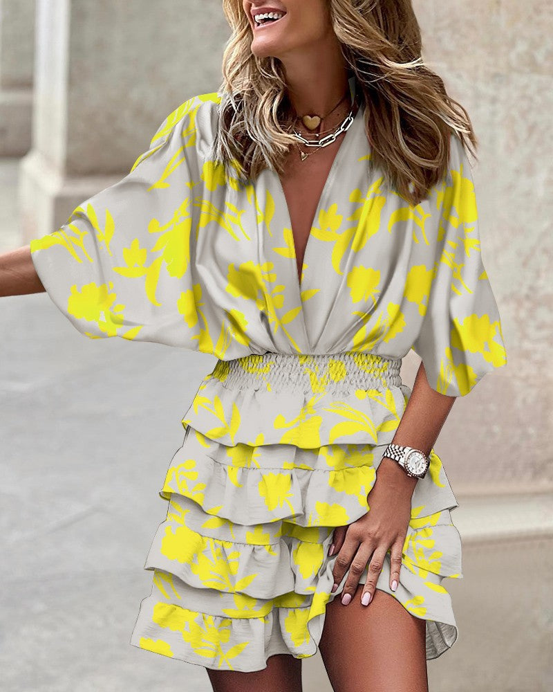 Women Fashion Casual Vacation Color Blocking Printed V-Neck Cropped Sleeve Defined Waist Reffled Dress