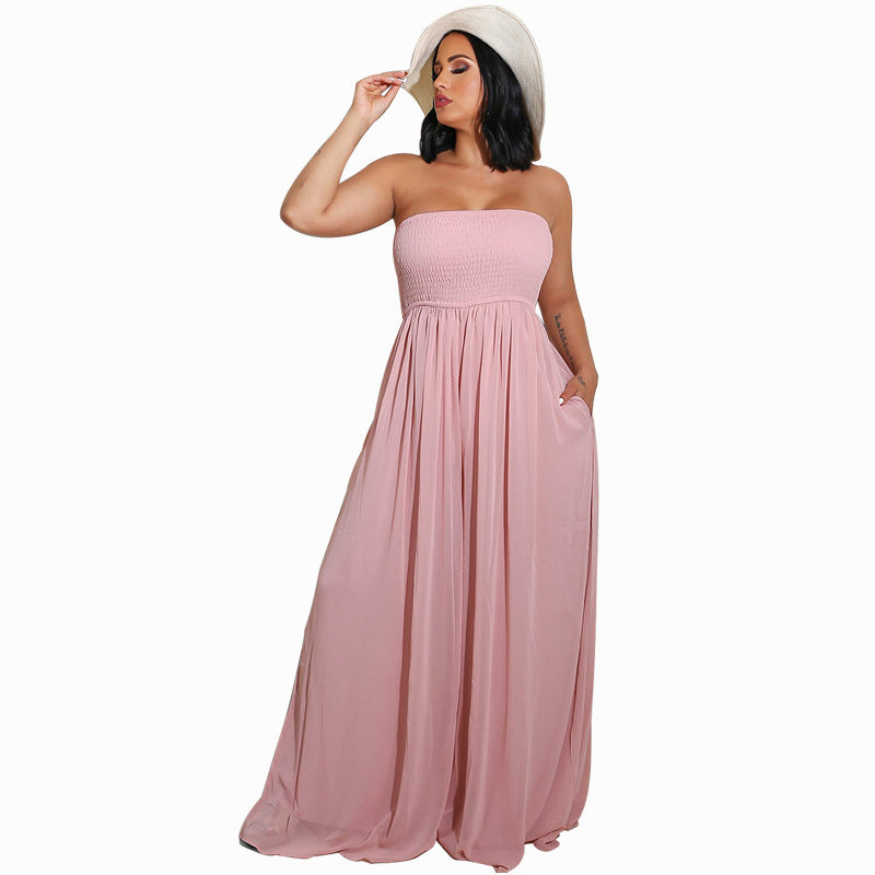 Women Fashion Casual Solid Color Chiffon Sleeveless Wide Leg High-Waisted Jumpsuit