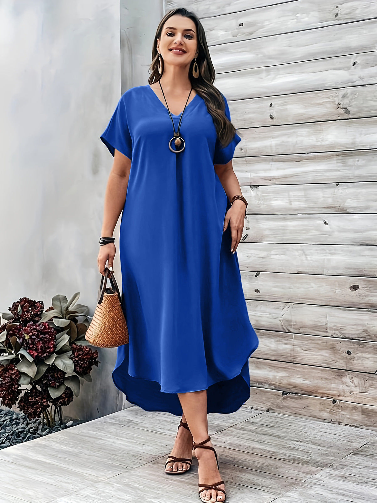 Spring And Summer Plus Size Women Fashion Casual V-Neck Dress
