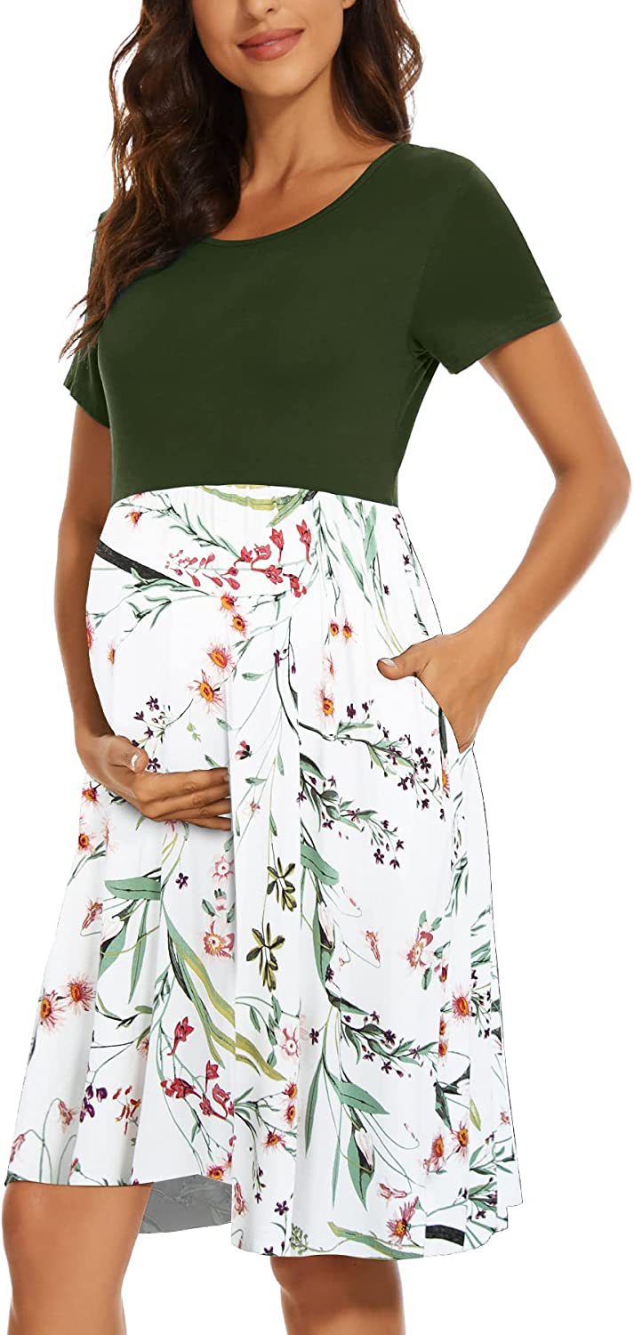 Vestido informal con estampado floral y cuello redondo y bolsillos para embarazadas