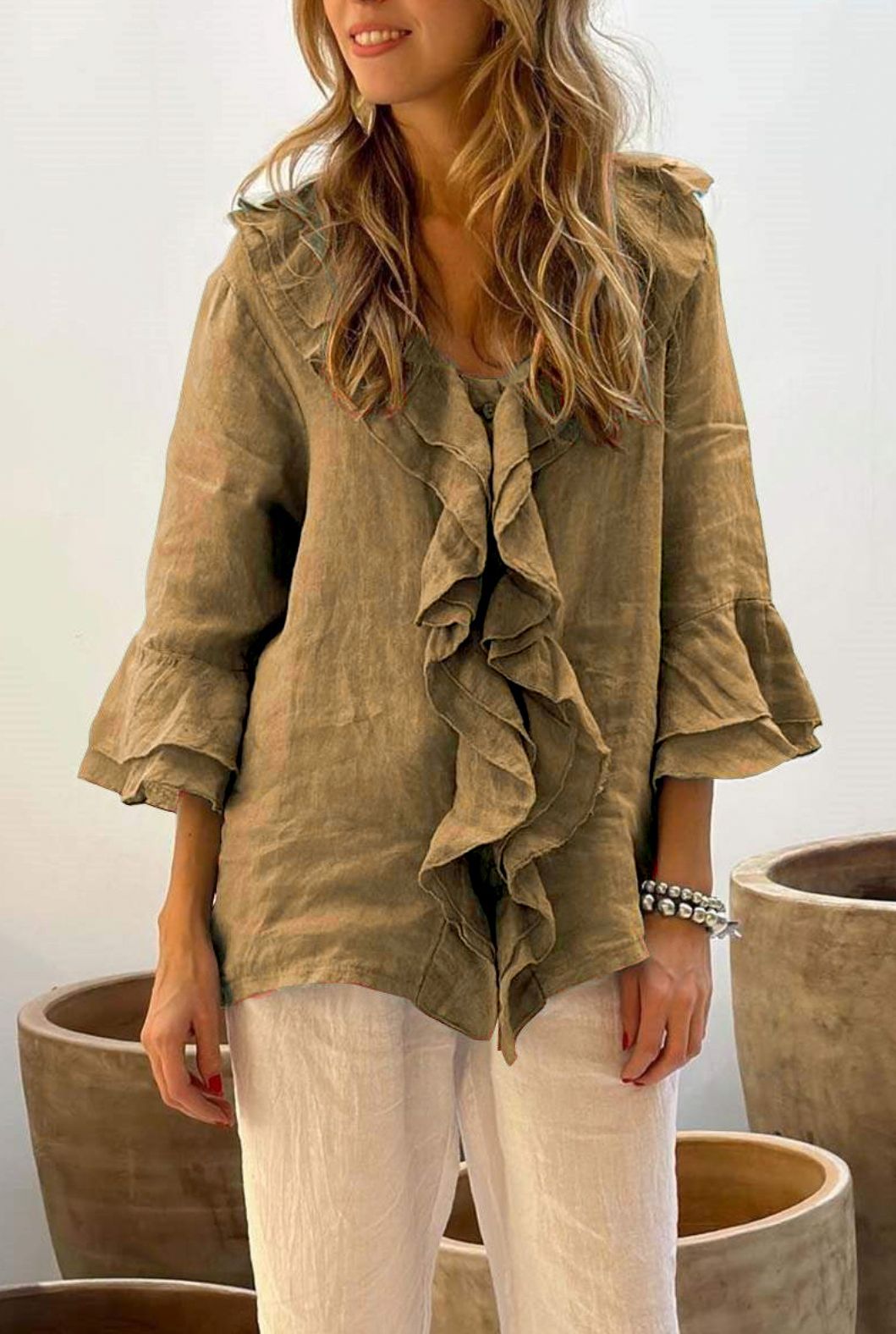 Blusa holgada informal de manga larga con volantes y escote en V de color liso para mujer