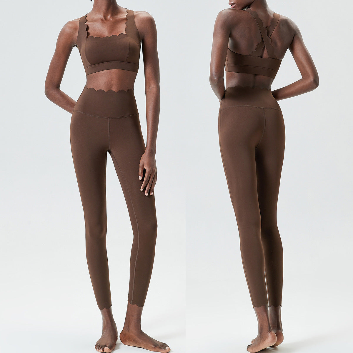 Women Casual Solid Color Liquid Glue Small Wave Sports Yoga Top Pants Two-Piece Set