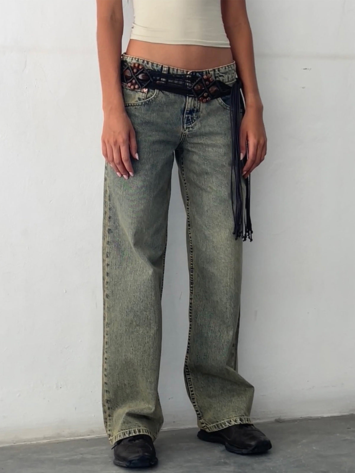 Women Fashion Casual Solid Color Straight Jeans