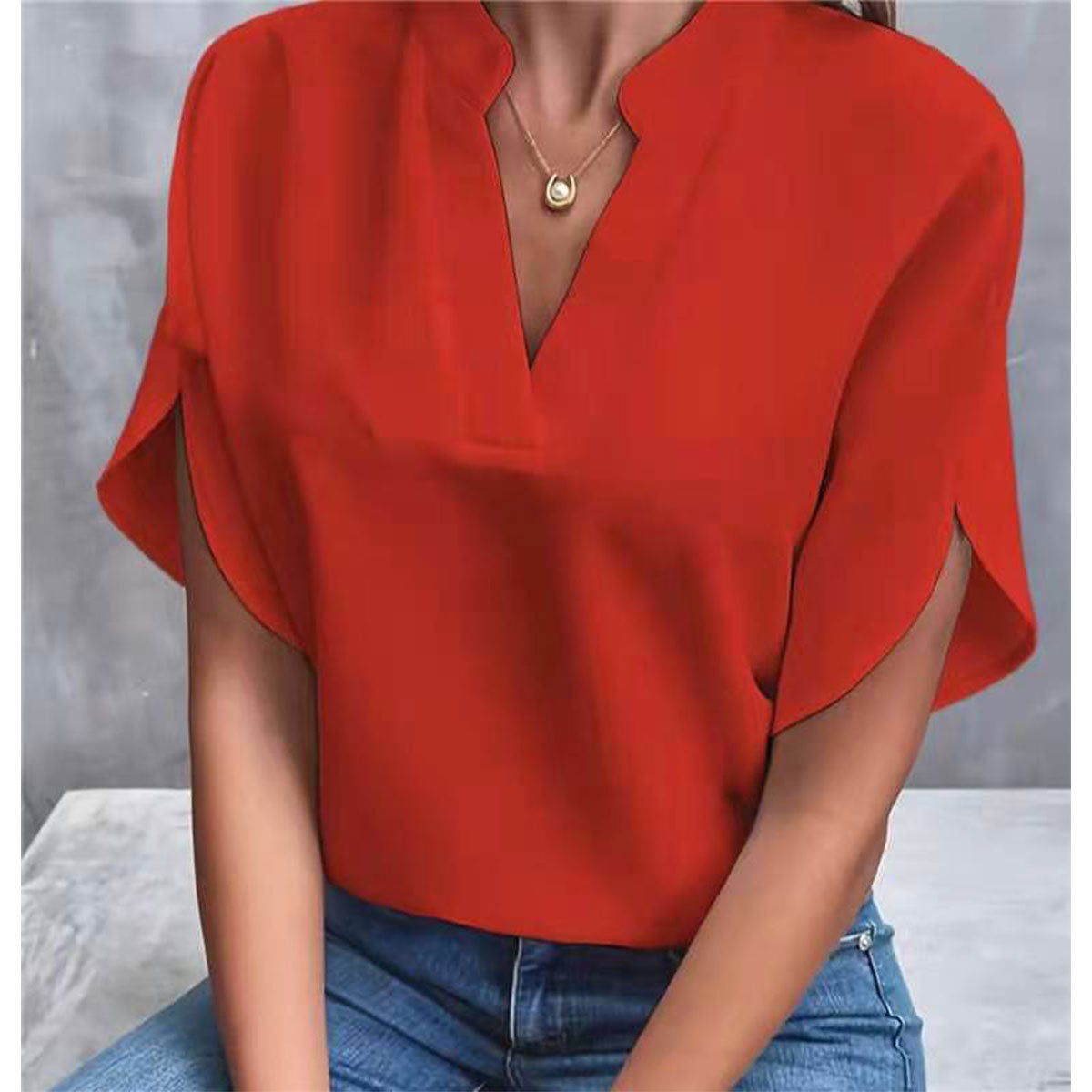 Women Summer V-Neck Shirt Solid Color Casual Short-Sleeved Pullover Office Blouse