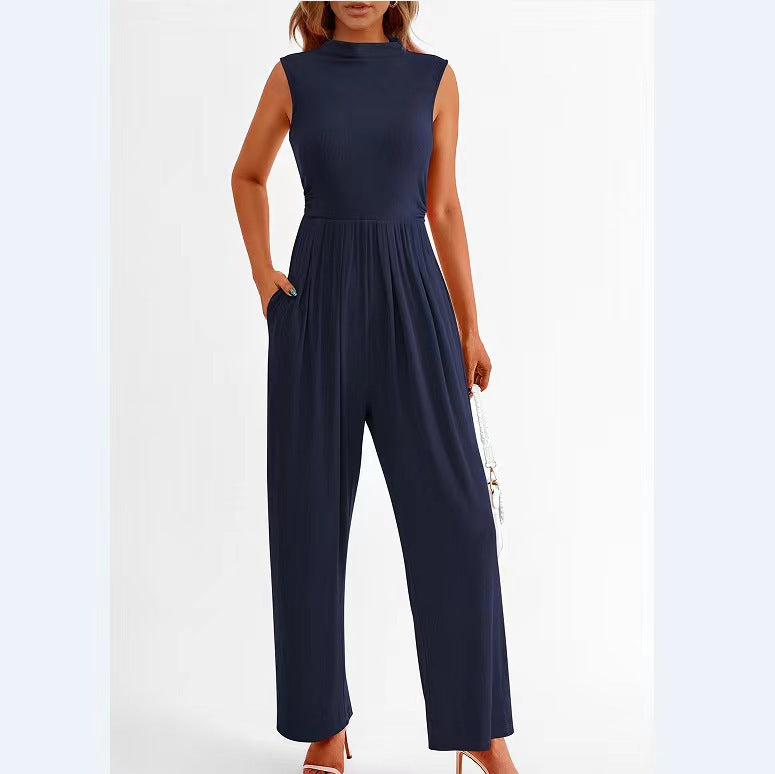 Summer Women Casual Solid Color Sleeveless Pocket Jumpsuit
