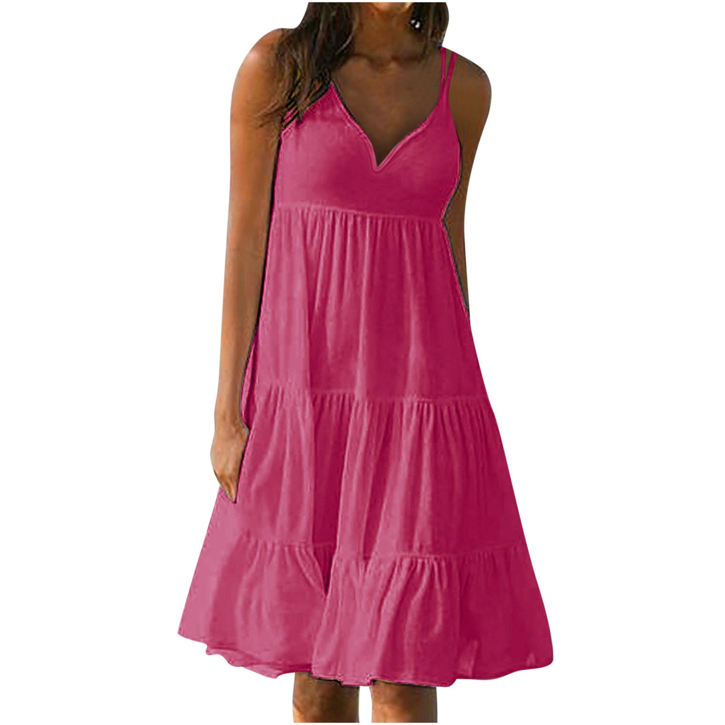 Women Casual Summer Vacation Solid Color V Neck Spaghetti Strap Loose Dress