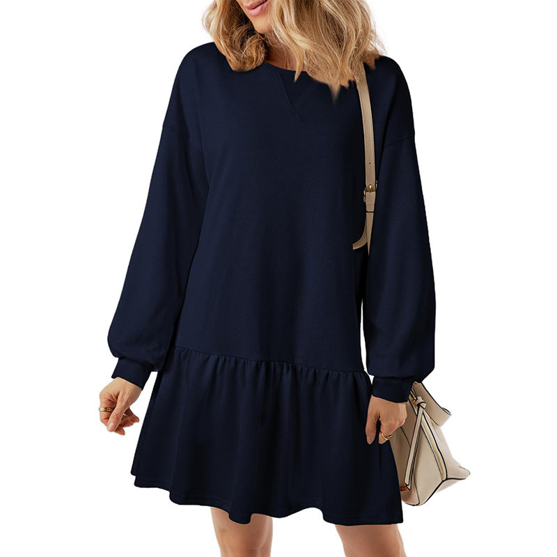 Vestido mini informal de manga larga con cuello redondo y color liso para mujer