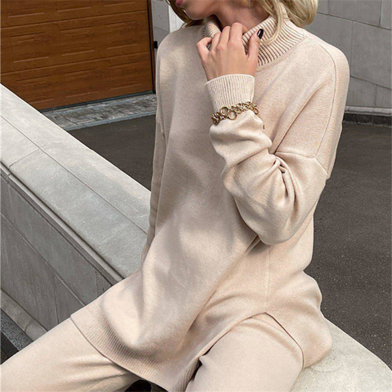 Women Casual Fashion Autumn Winter Loose Turtleneck Solid Color Long-Sleeveside Slit Sweater