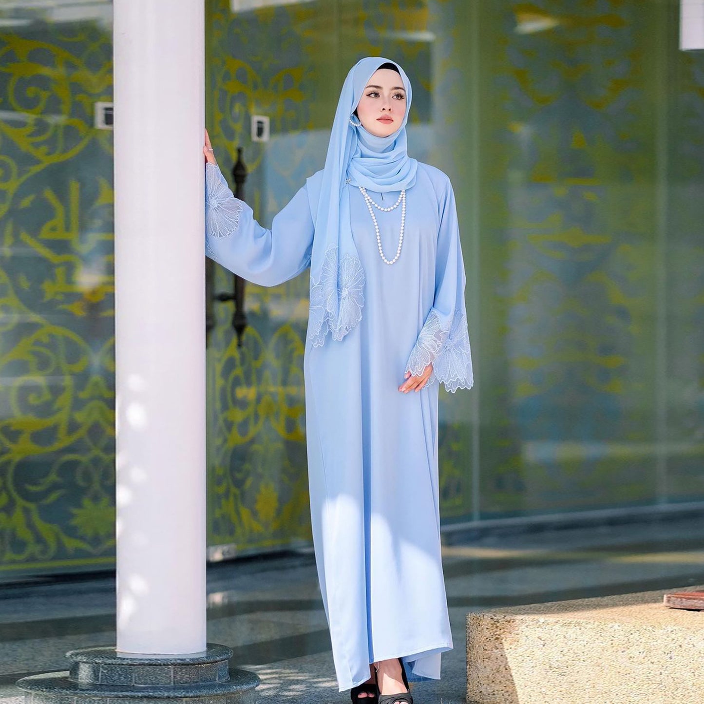 Women Casual Solid Color Lace Patchwork Abaya Long Sleeve Maxi Dress With Turban