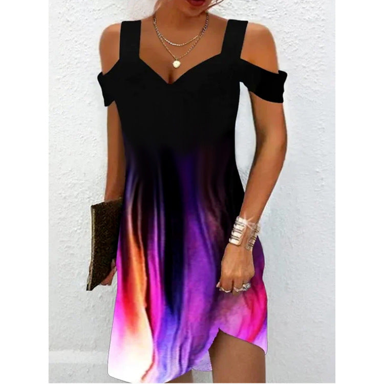 Women Fashion Casual Marble Printed Cool-Shoulder Dress