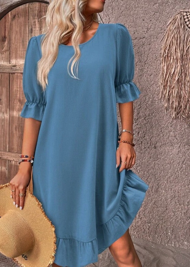 Summer Women Fashion Casual Solid Color Cotton Linen Round Neck Short Sleeve Dress