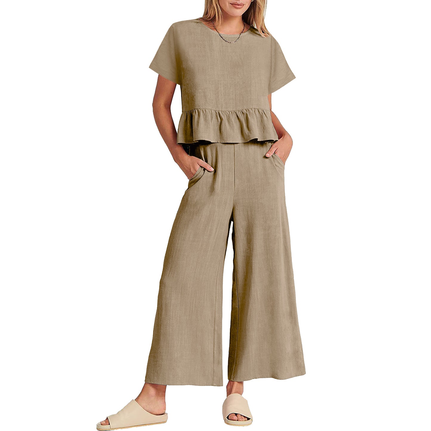 Conjunto de pantalón casual de manga corta con volantes de color liso para mujer