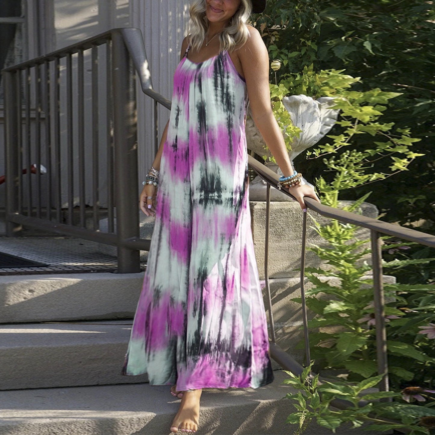 Women Fashion Casual Vacation Tie Dye Print Spaghetti Strap Maxi Loose Dress