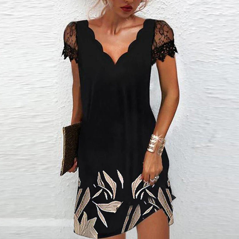 Vestido elegante informal de manga corta con estampado floral, escote en V y encaje de patchwork para mujer